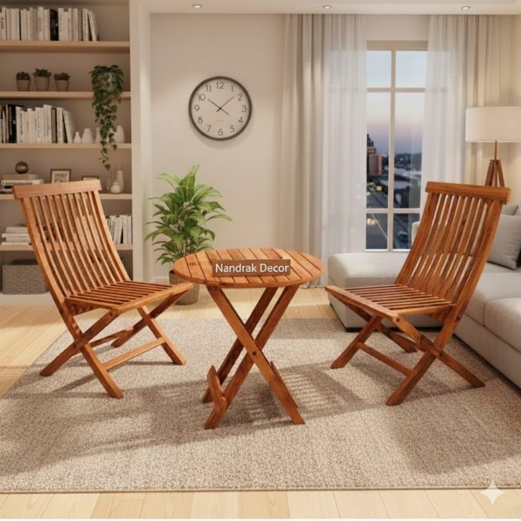 Foldable Wooden Patio Table Set with 2 Chairs | Outdoor Garden Dining Table with Chairs for Balcony, Lawn, Poolside | Solid Sheesham Wood Seating for Backyard (Honey Finish)