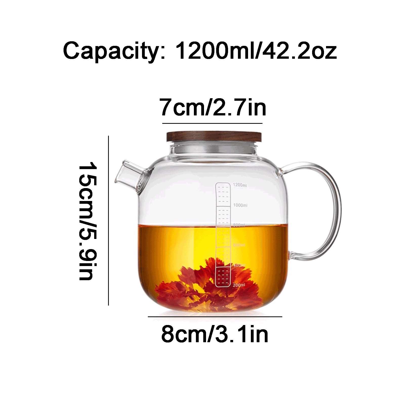 Lavabile Teiera in Vetro Teiera Trasparente con Infusore per Il tè con Coperchio Teiera per Tea Party Grande capacità 42,2 Once / 1200 ml Solido