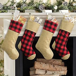 Ivenf Christmas Stockings 4 Pcs 18 inches Red and Black Buffalo Check Plaid with Burlap Stockings for Family Holiday Xmas Party Decorations Gift