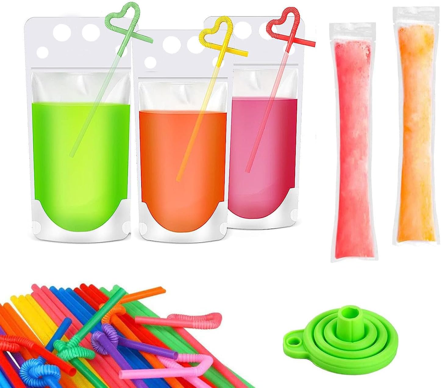 100pcs Plastic Drink Pouches Bags with 100 Straws, 30pcs Popsicle Mold Bags Juice Bags Disposable Freezeable Bags, Heavy-duty Handheld Foldable Ice Beverage Bags for Smoothies, Cold & Hot Drinks