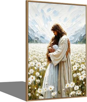 Inspirational Christian Wall Art Jesus Embracing Girl Uplifting Framed Canvas Print,Fade-Resistant Religious Decor for Church Encouraging Gift for Faithful Families with Sturdy Frame 12"x16"