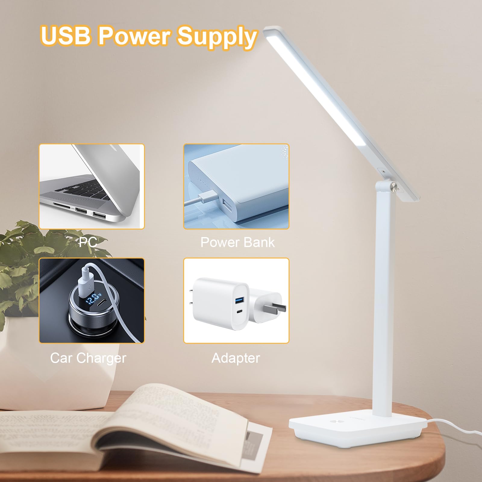 LQWELL® Lampa Biurkowa LED Odłączana, 3 Poziomy Jasności, Możliwość Przyciemniania, Lampa Stołowa Do Domowego Biura, Obrót Od 0° Do 180°, 6500 K (Biały)