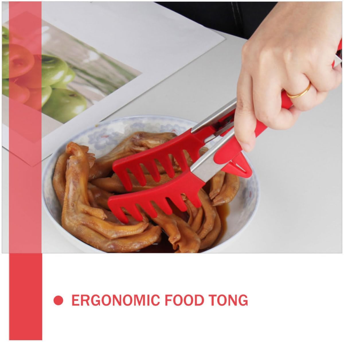Silicone Spaghetti Tong 9-inch Kitchen Food Clip Red Ergonomic Pasta Serving Tool Reusable Food Tong for Home Cooking and Bbq