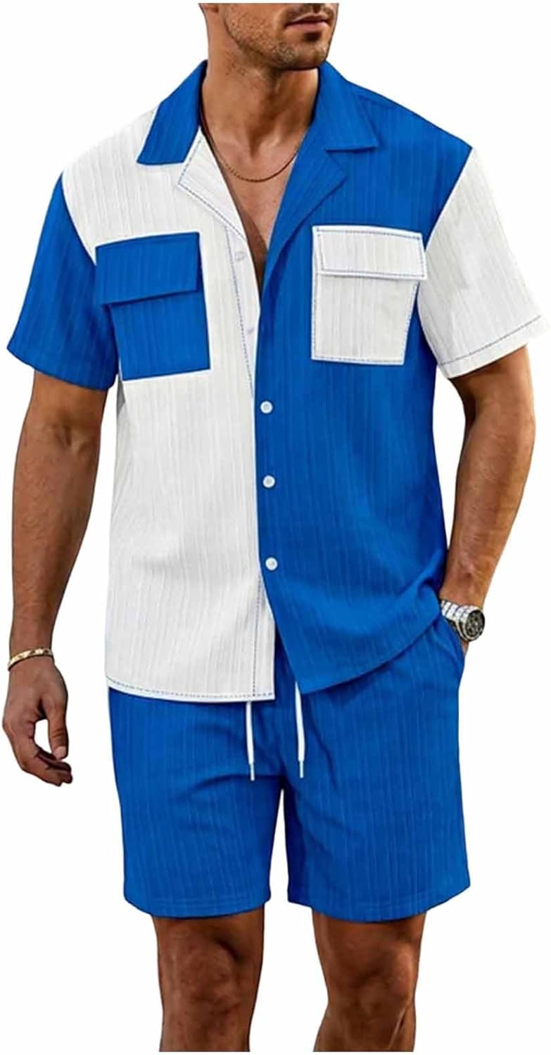 Cambkatl Men's Color Block 2 Piece Sets, Short Sleeve Button Down Shirts and Shorts Travel Vacation Outfits with Pockets