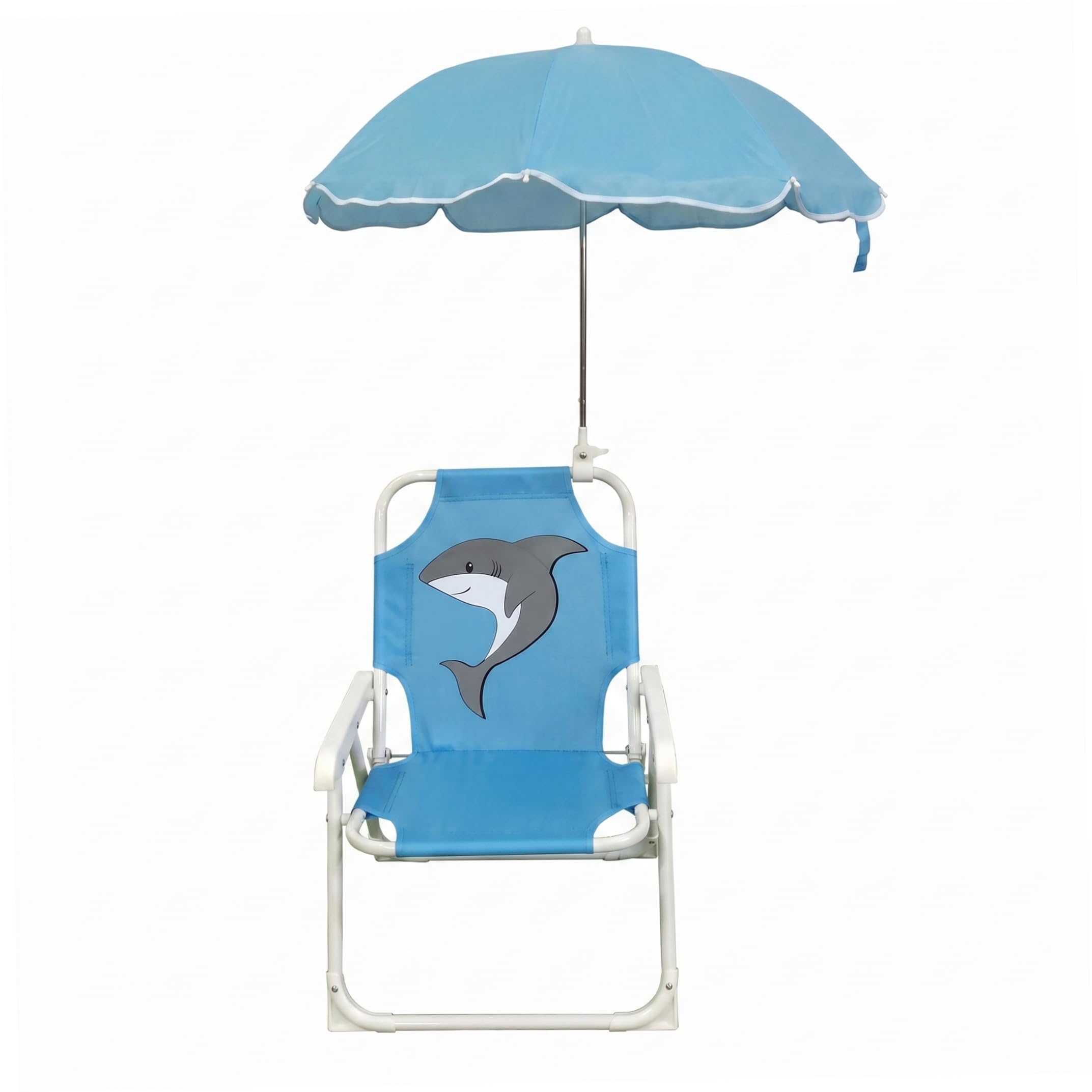 Striegro Toddler Lawn Chair, Foldable Baby Beach Chair With Umbrella - Lightweight Cartoon Shark Toddler Camping Chairs, Blue, 27.56×19.49inch.