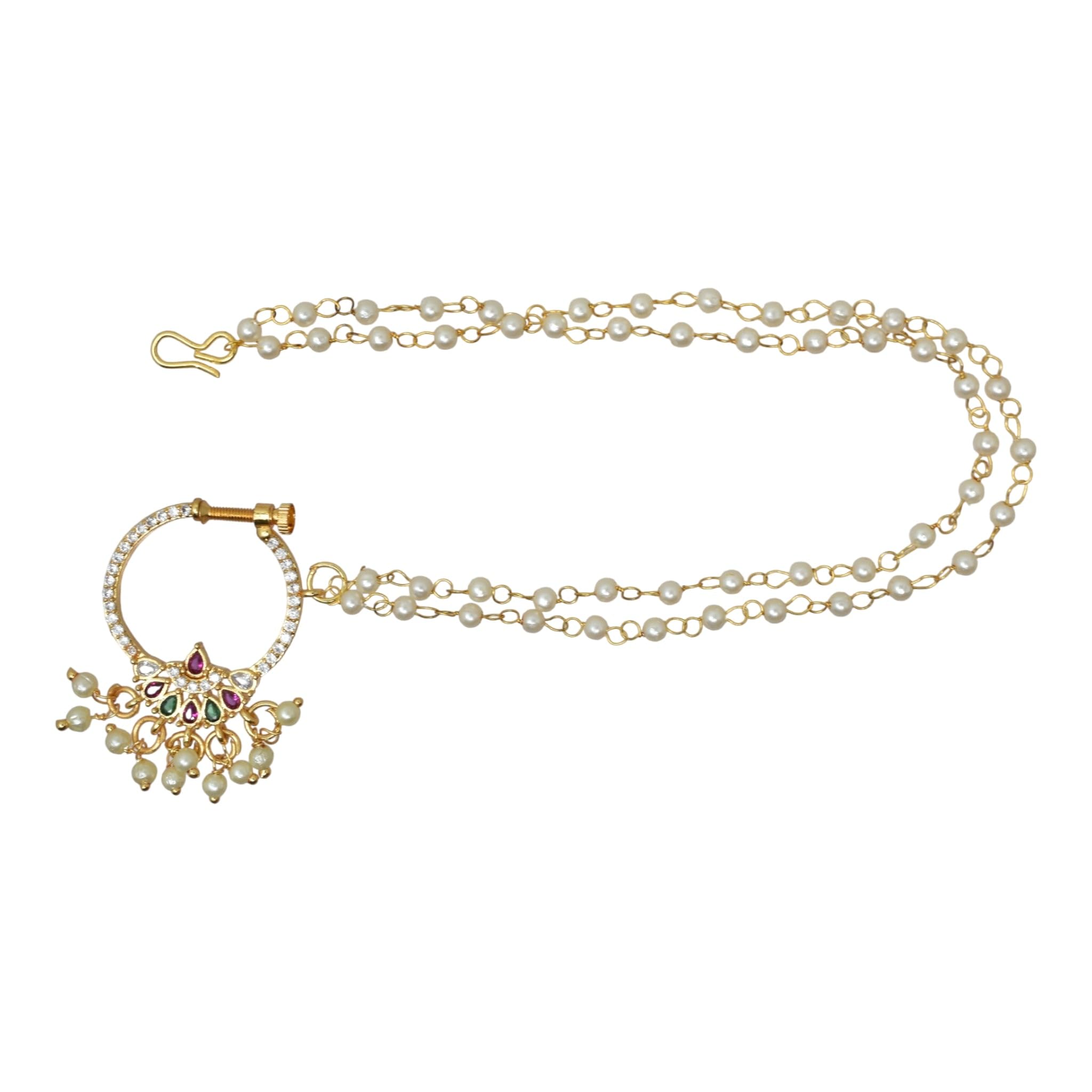 A.D.Diamond Alloy Gold Plated Pearl with scrue fitting rajputi Nath no need Piercing Nathni with long chain for girls n womenNath-821-image-48