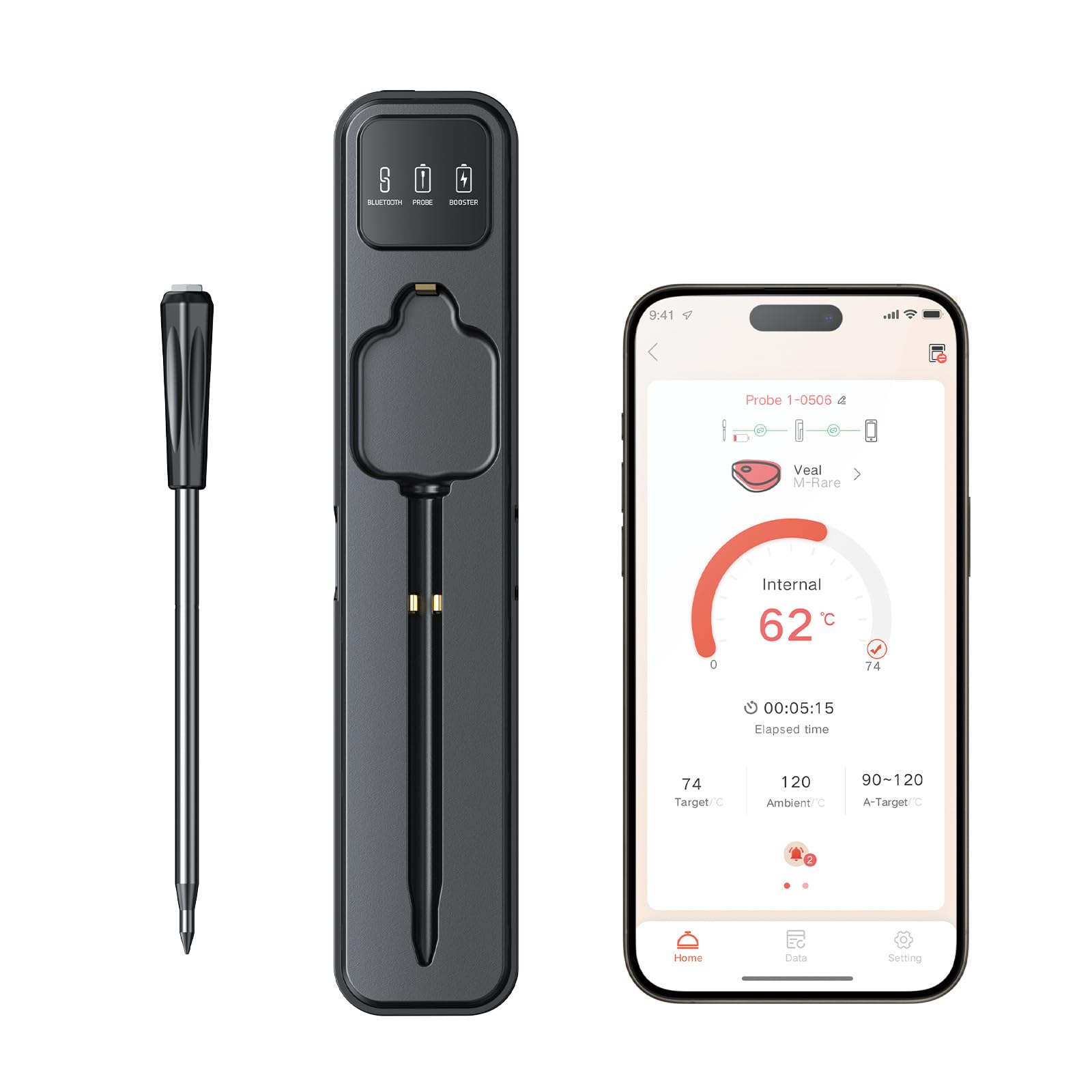 Thermomètre à viande sans fil, thermomètre à viande Bluetooth ultra gamme avec double capteur haute sensibilité, thermomètre alimentaire sans fil avec application intelligente thermomètre de cuisson