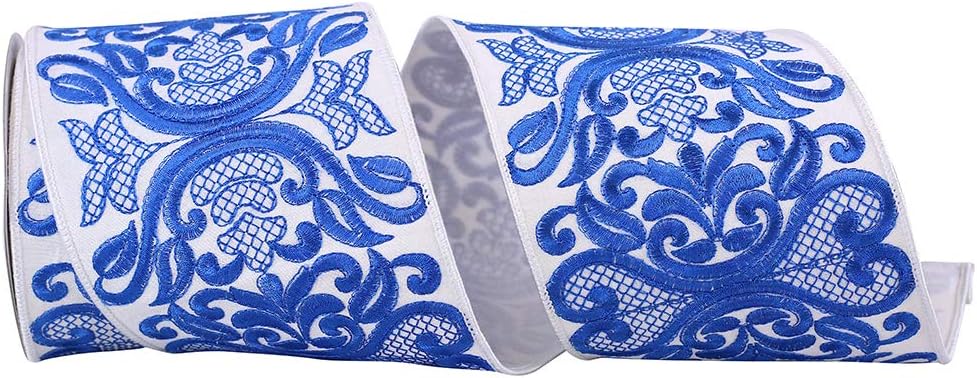 Reliant Ribbon 93634W-685-10D Regal Filigree Embroidery Dupioni Wired Edge, White/Blue, 4 Inch, 5 Yards