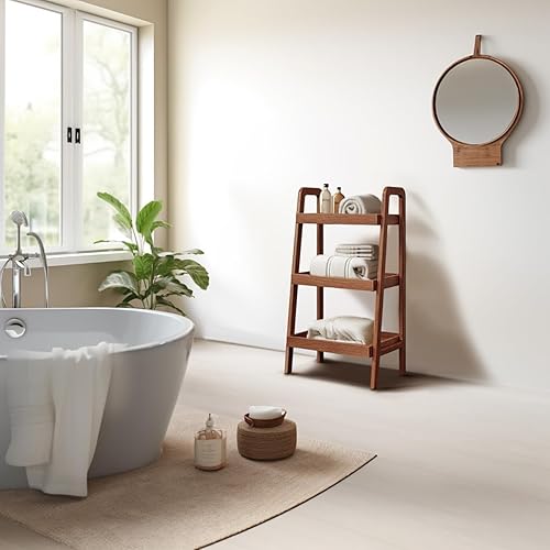 Miniatura 5 de Vadisun Estantería de escalera de madera de roble macizo 100%, estantería de almacenamiento de piso con diseño de deflector de cuatro lados, mesa