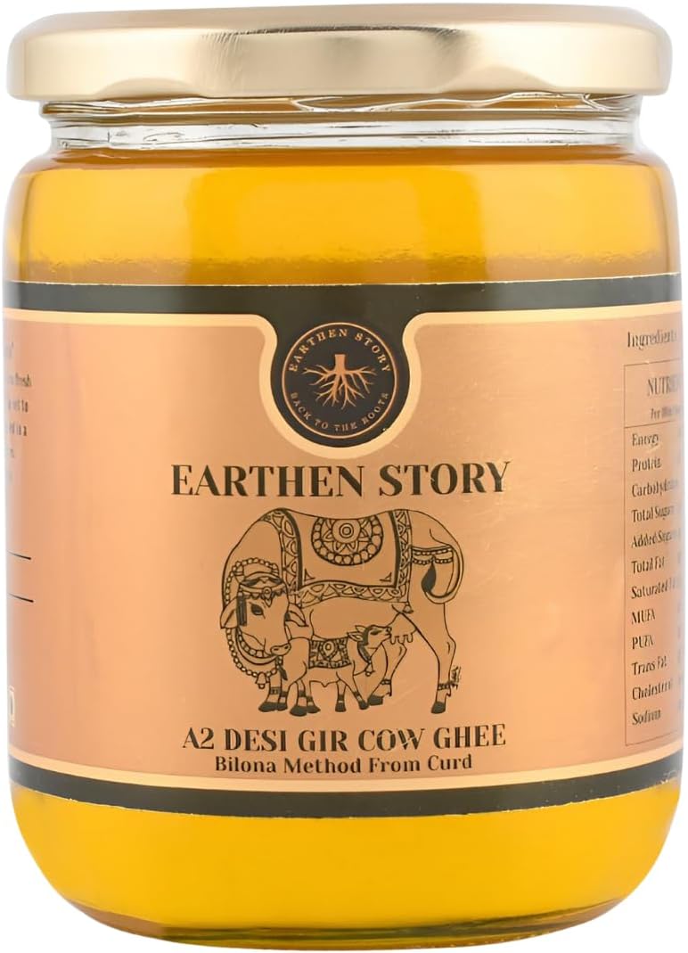 Earthen Story A2 Ghee from Gir Cow 500ml | A2 cow ghee bilona method from curd | 100% Pure, Natural & Healthy | A2 gir cow ghee in Glass Jar | Lab Tested