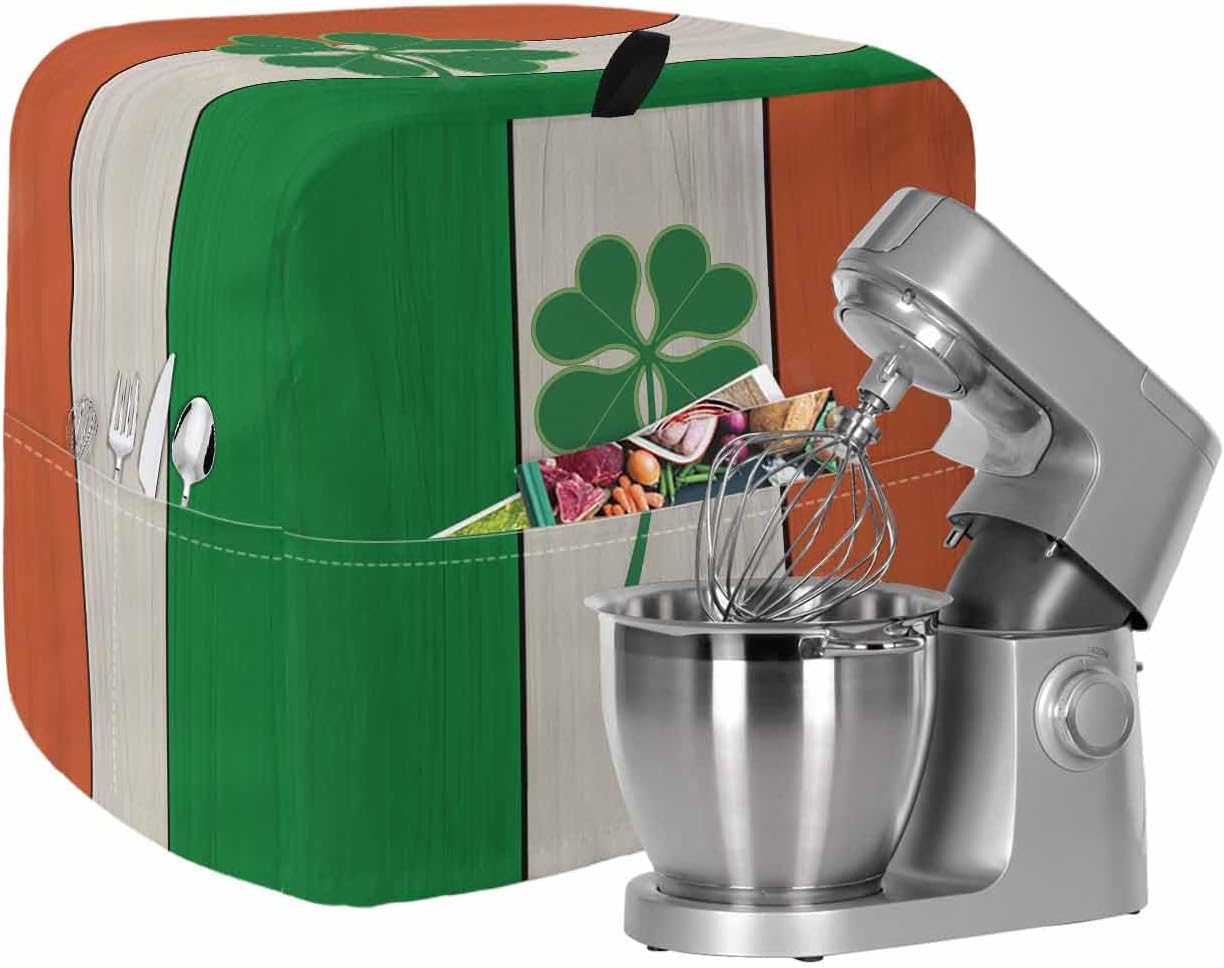 St. Patrick's Day Stand Mixer Cover with Storage Pocket, Waterproof Kitchen Mixer Covers, Irish Green Shamrock Flag Wood Grain Kitchen Appliance Dust Cover Compatible with 4/4.5 Quart Mixers