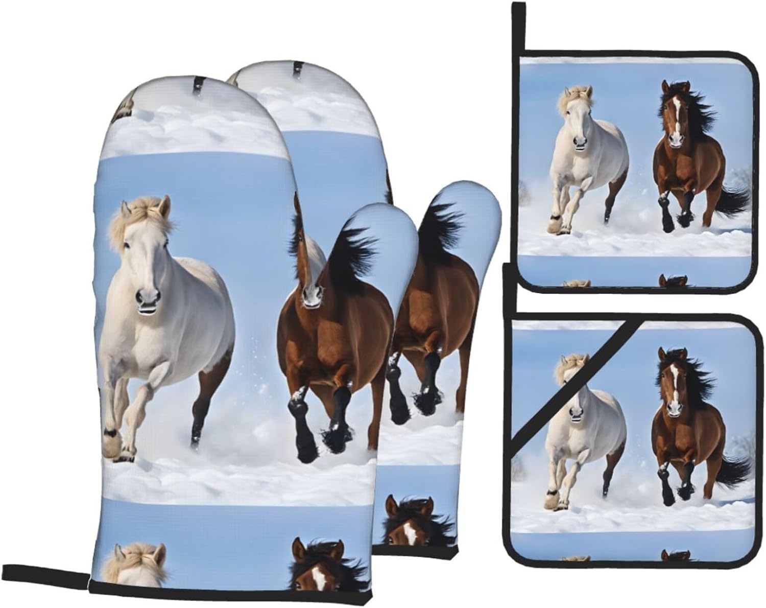 (Black and White Horses Running) Baking 4-Piece Set: 2 Oven Mitts and 2 Pot Holders Heat Resistant Waterproof Hanging Loop for Kitchen Oven Grill Housewarming Gifts