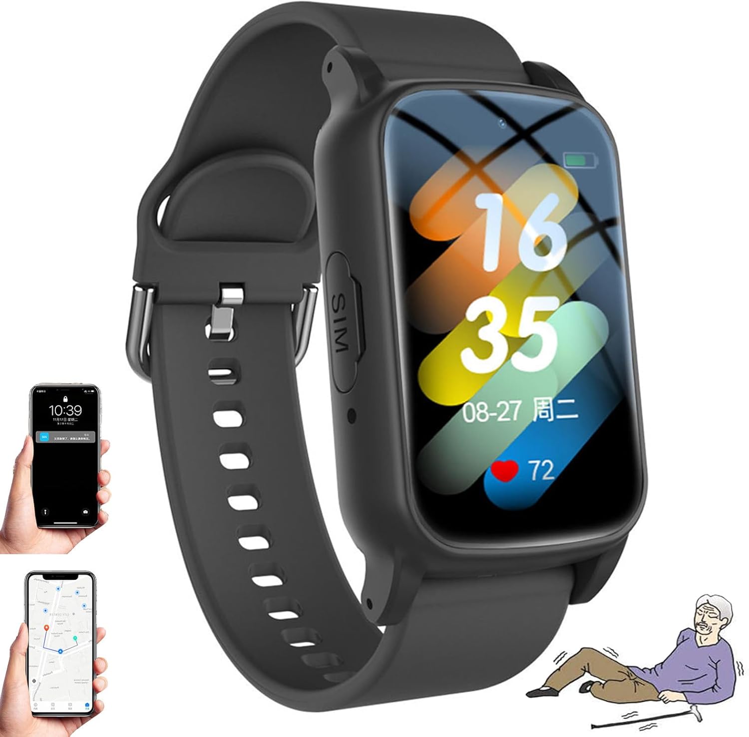 Yaşlılar İçin Düşme Algılama Özellikli Akıllı Saat: GPS Takip, SOS Acil Durum Uyarısı, HD Görüntülü Arama, HD Sesli Arama, Yaşlı Bakımı, Su Geçirmez Sağlık Takip Cihazı Black - Görsel 1