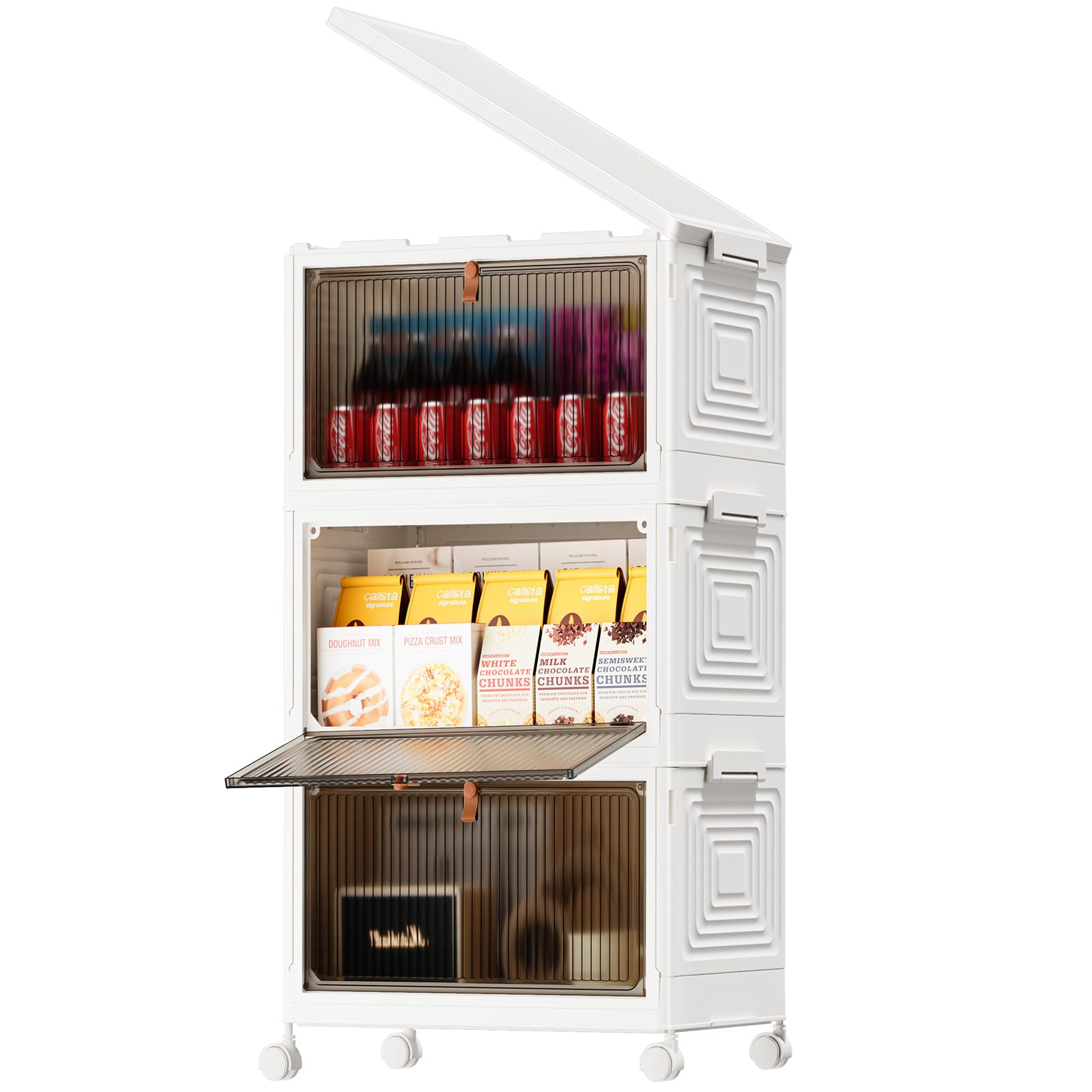 Sweetcrispy 3 Tier Stackable Plastic Storage Boxes with Lid - 23QT Foldable Organizers and Storage with Magnetic Doors & Lockable Wheels, Collapsible Storage Bins for Living Room, Office, Dorm