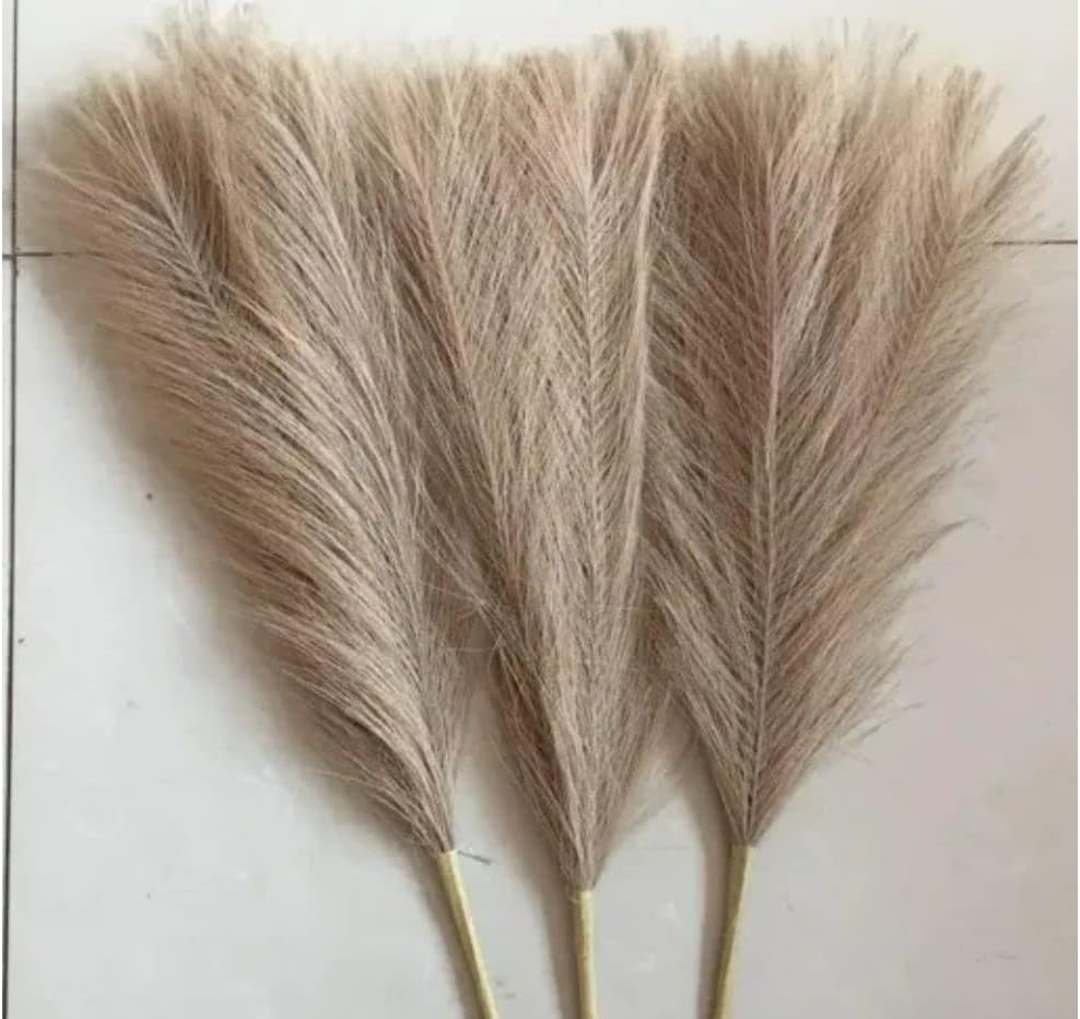 SATYAM KRAFT 3 Pcs Faux Pampas Grass Small Artificial Flowers Fake Flower for Home Decoration, Office,Bedroom, Table Decoration and Craft Items Corner (Without Vase Pot) (Brown, 41 CM)
