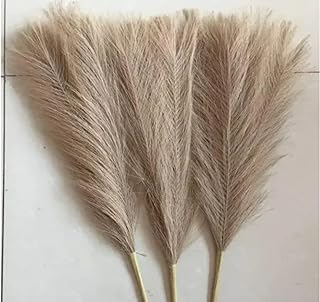 SATYAM KRAFT 3 Pcs Faux Pampas Grass Small Artificial Flowers Fake Flower for Home Decoration, Office,Bedroom, Table Decoration and Craft Items Corner (Without Vase Pot) (Brown, 41 CM)