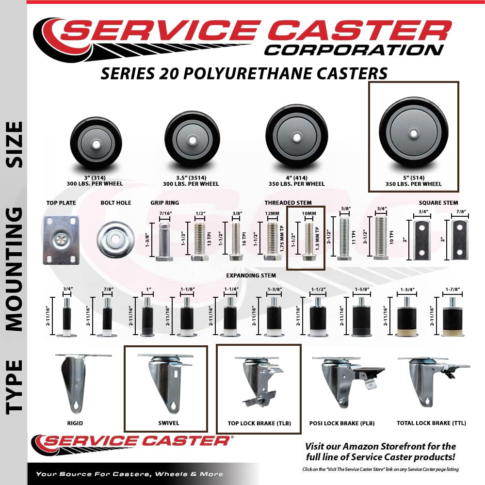 5" Swivel Caster with 10mm Threaded Stem, Black Polyurethane Wheel and Brake - 350 lbs. Capacity - Service Caster Brand