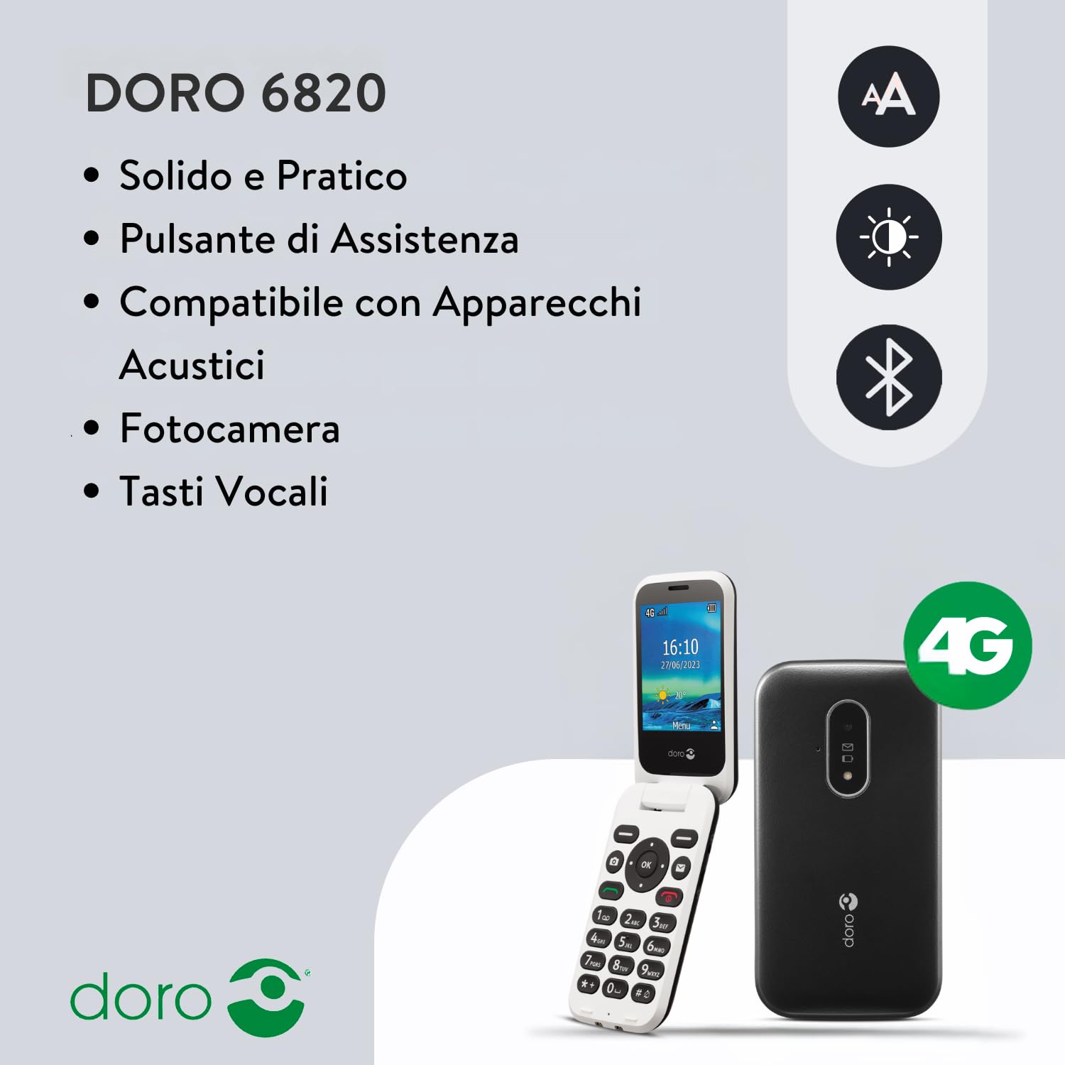 Doro 6820 4G Telefono Cellulare per Anziani - Conchiglia - Sportellino - Mini Telefono - Tasti Numerici Parlanti - Fotocamera - Tasto SOS - Base di Ricarica - Telefonia - Telefonino [Vers. Italiana]
