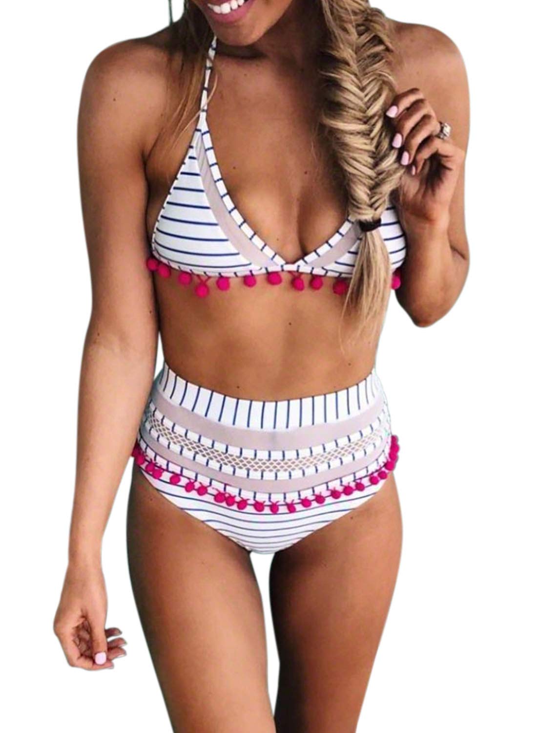 DokotooWomens High Waist Two Pieces Bikini Set Striped Tassel Swimsuit