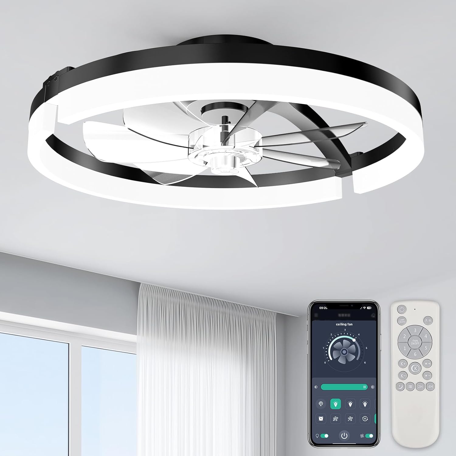 ropelux Ceiling Fans with Lights, Low Profile Ceiling Fan with APP and Remote Control, 3000-6000K & Brightness Dimmable Fandelier Flush Mount LED Fan Light (Minimal-Black, 18inch)