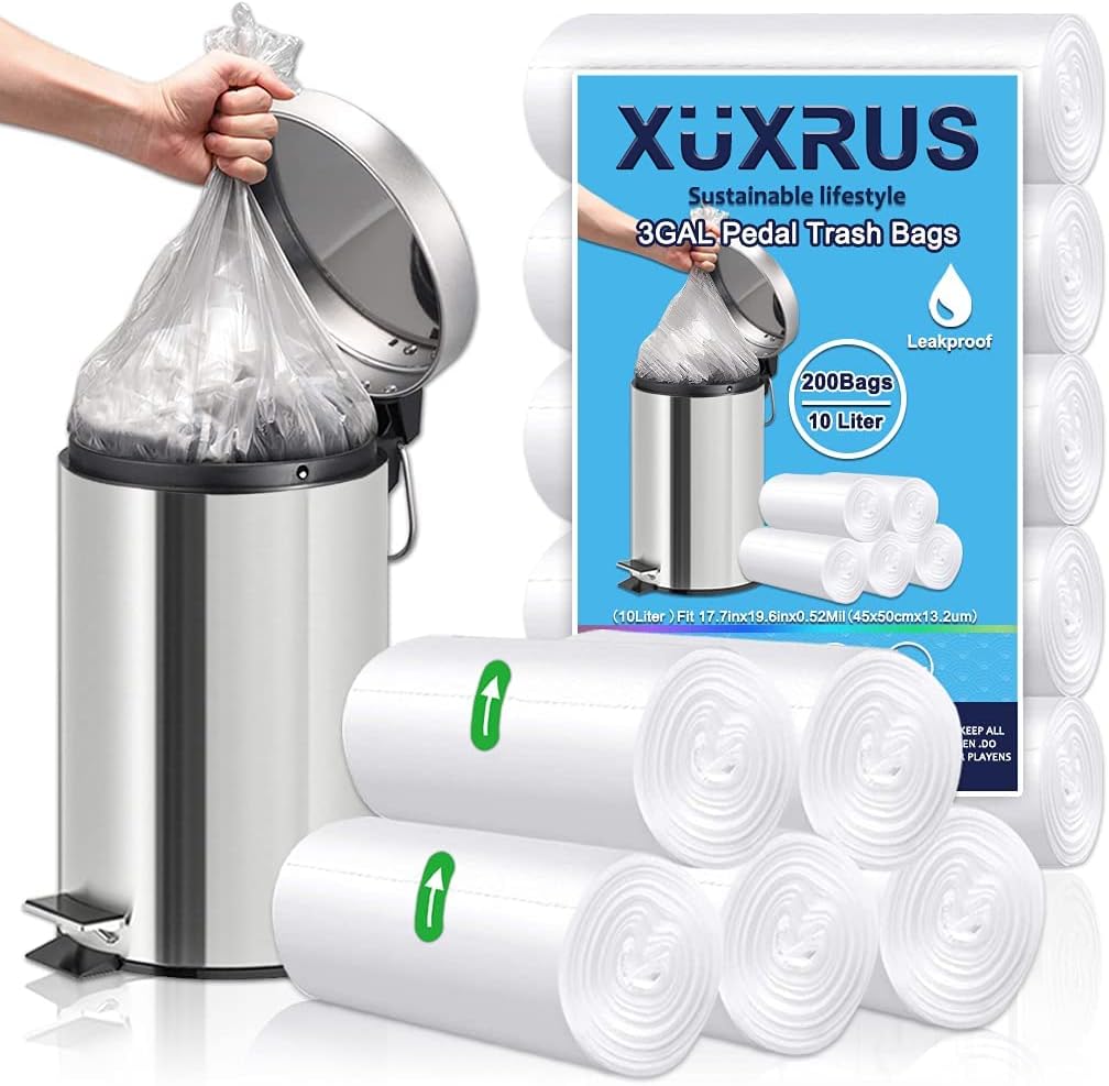 XUXRUS Pedal Bin Liners 10L, Small Clear Bin Bags, Bathroom, 200 Count