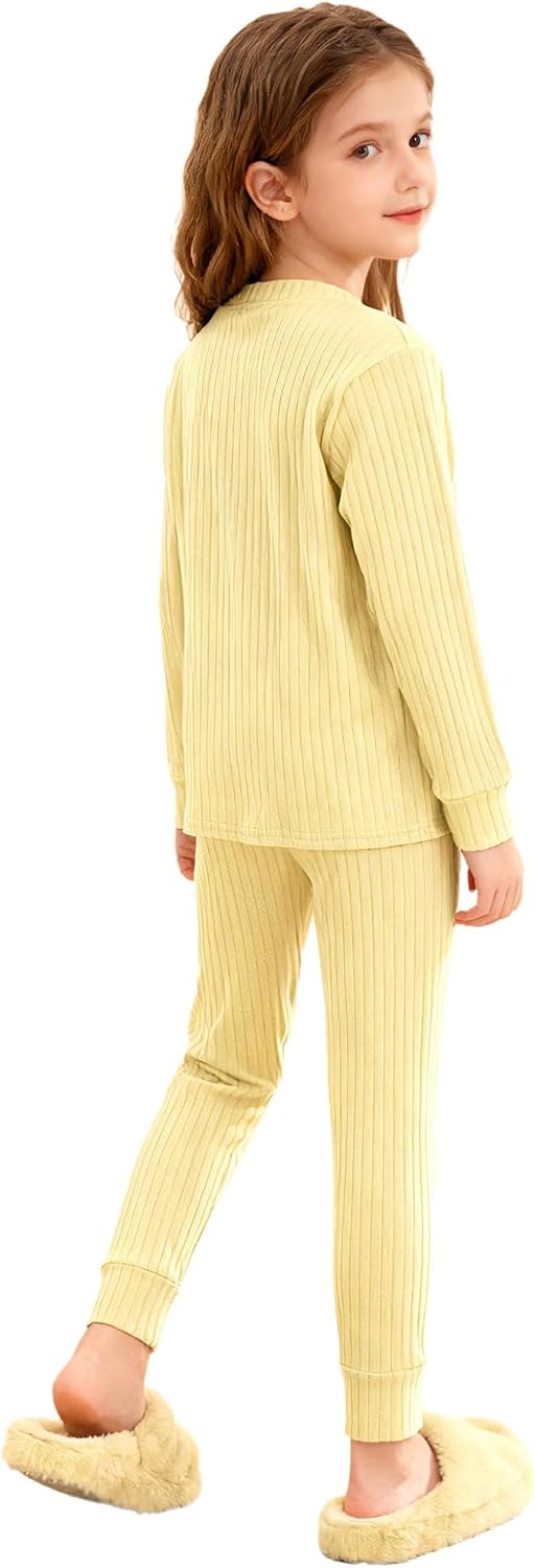 TTAO 2Pcs Thermal Underwear for Girls Long Johns Base Layer Top Bottom Set Kids Winter Thermal Set Yellow 5-6 Years
