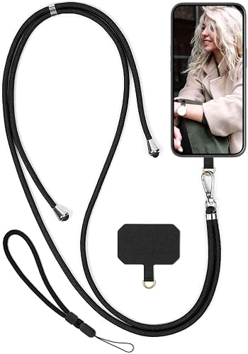 moex Unleash para Samsung Galaxy A22 5G – Cadena para teléfono móvil con mosquetón – Correa para el cuello – Collar para smartphone con almohadilla para fundas – Cadena para colgar en color negro
