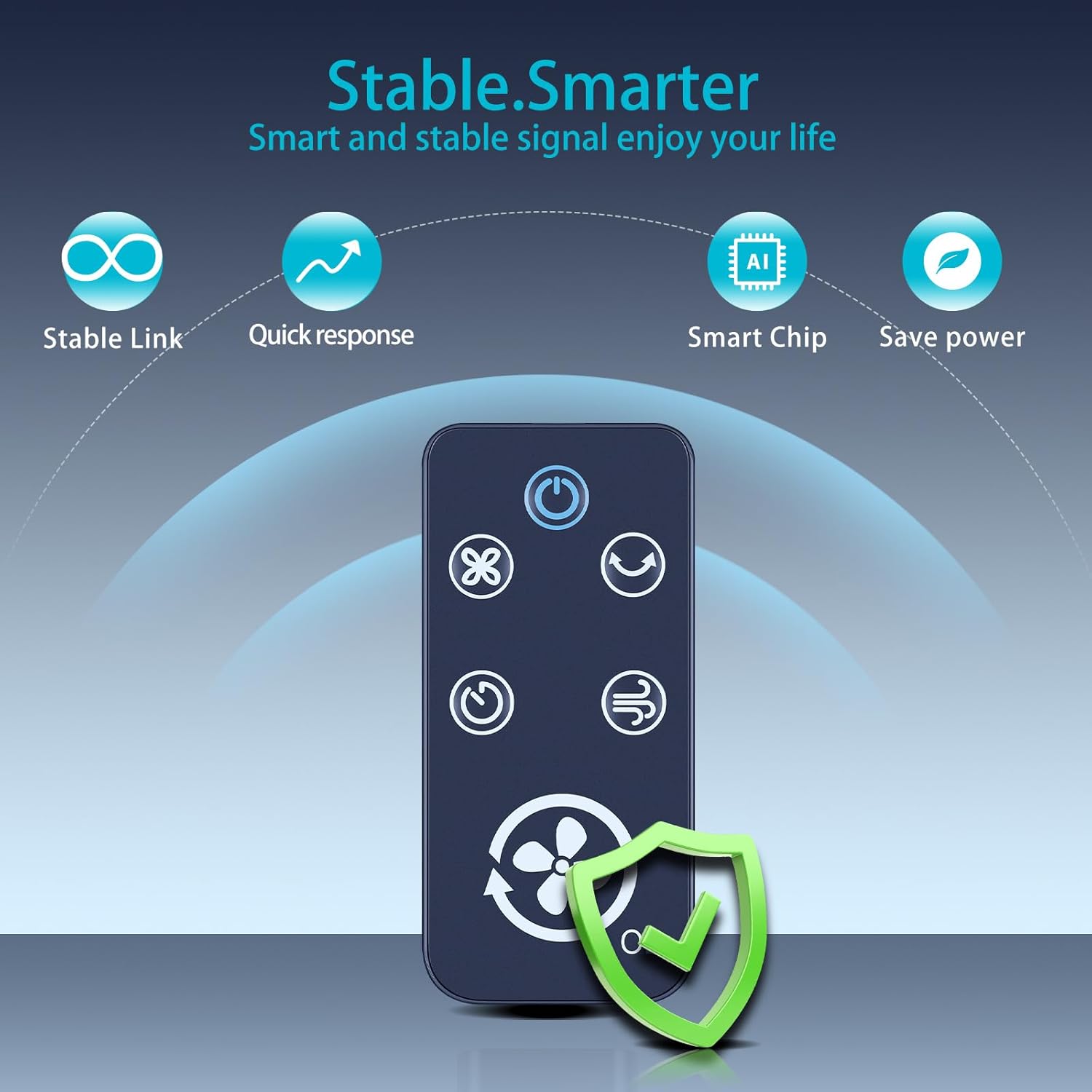Remote control highlighting stable link, quick response, smart chip, and power saving features.