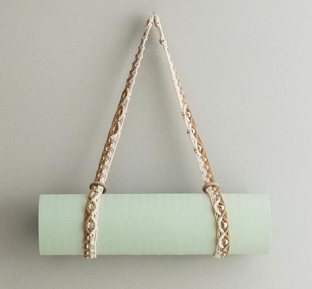 Macrame Yoga Mat Holder - Durable Cotton Braided Shoulder Strap for Yoga, Pilates & Gym Mats Beige and ivory color FULL SIZE 66 IN-image-29