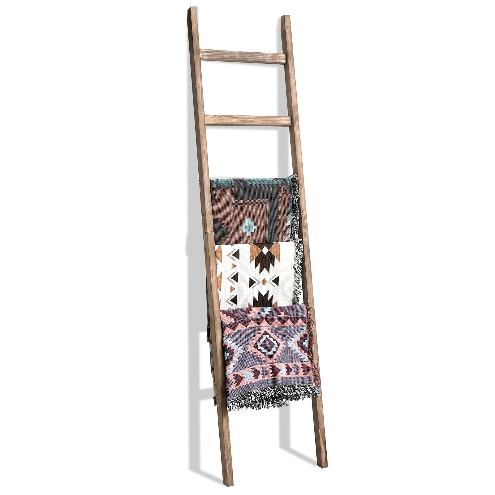 FUIN 6.4ft Extra Wide Wooden Blanket Ladder Living Room Decorative Wal Leaning Farmhouse Quilt Display Holder Rustic Wood Towel Rack for Bathroom, Burnt Brown, 18.5 inch Wide