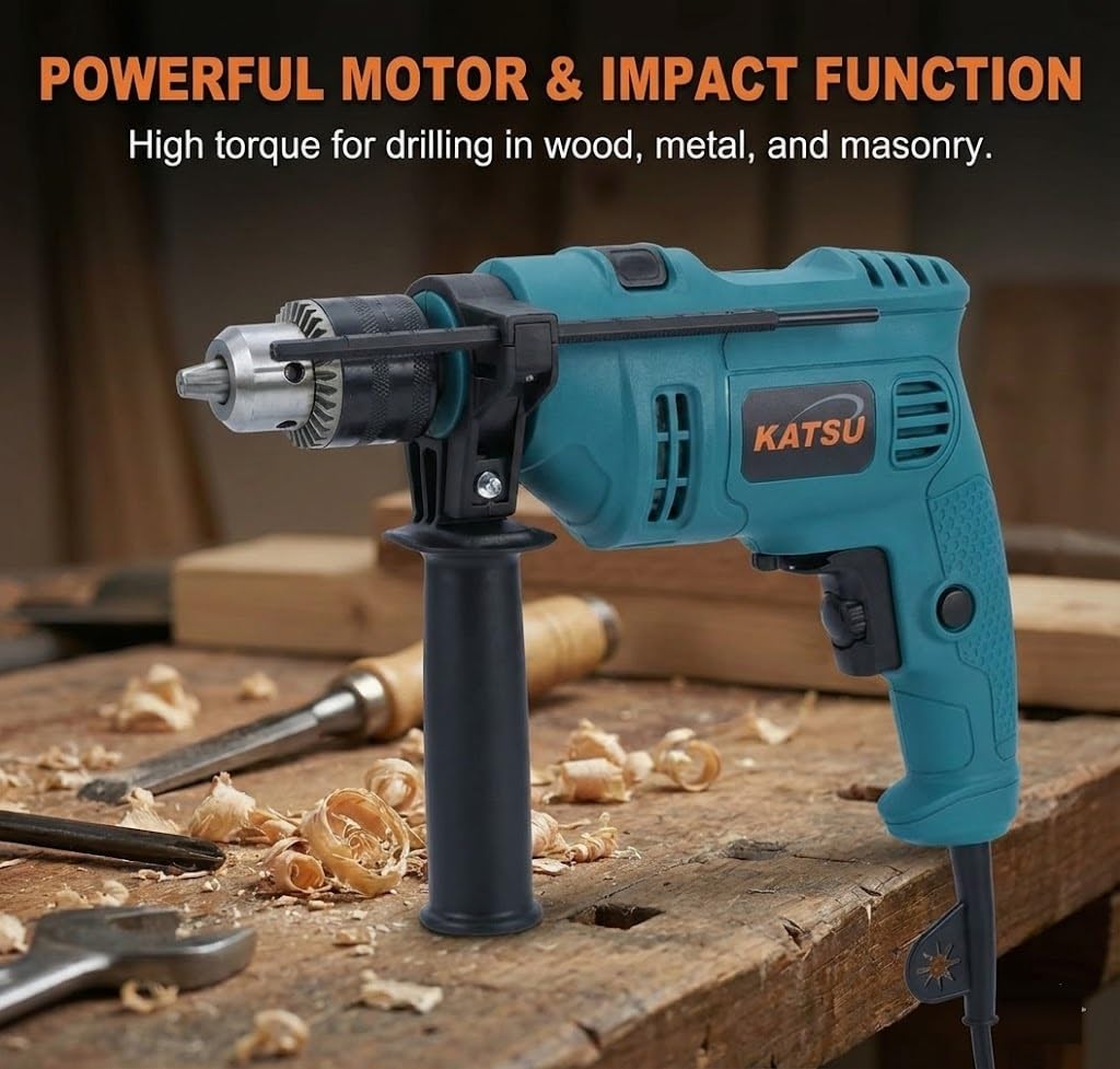 KATSU Electric Impact Drill 500W with 13mm Chuck, Variable Speed and 360° Rotating Handle, for Drilling Wood, Brick, Metal and Concrete (Budget)