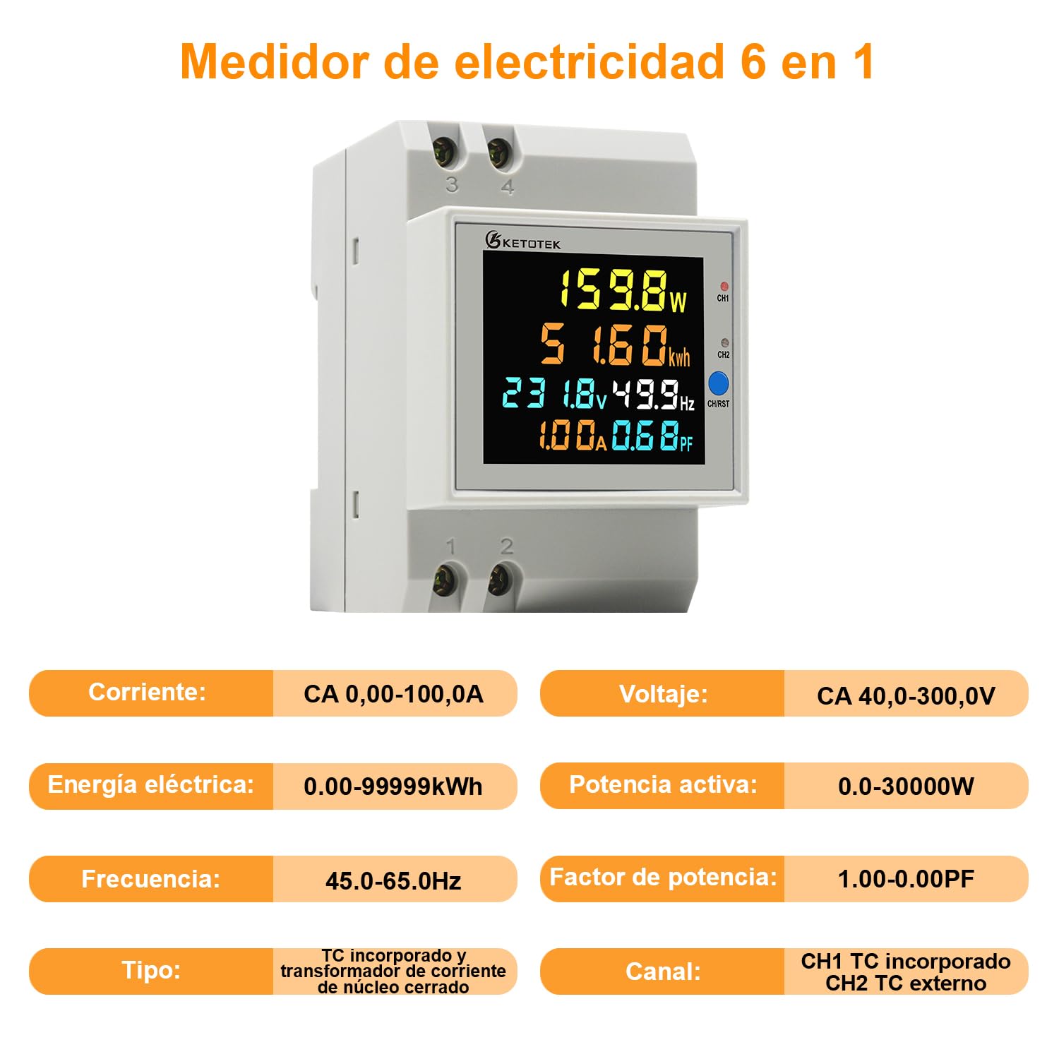 KETOTEK Medidor de Energía Monofásico, 2 Circuitos, Contador Eléctrico Carril DIN con 2 x 100A CT, Digital Voltímetro Amperímetro AC40-300V