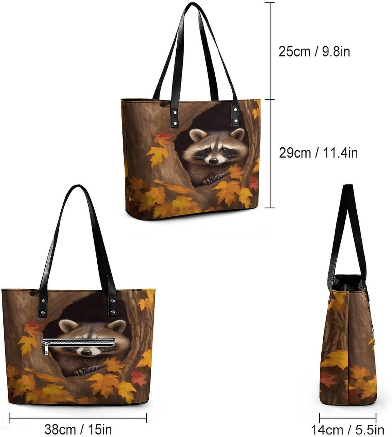 Raccoon in The Fall Tree Hole Handbag for Women Leather Tote Bag Exquisite Satchel Bags Ladies Casual Work Handbag Bucket Purse Fashion Top Handle Bag Large Capacity Weekender Hobo Bags