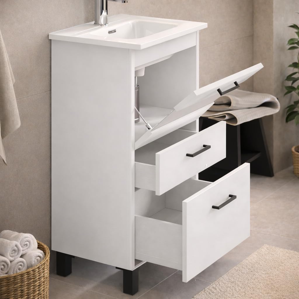 Baikal Mueble de Baño Win. Mueble MONTADO. 2 Cajones + Puerta Abatible con Vitrina. Patas Negras. Armario de Baño. Lavabo Ceramico. Altura 75cm. Fondo 39cm. Ancho 50cm Blanco