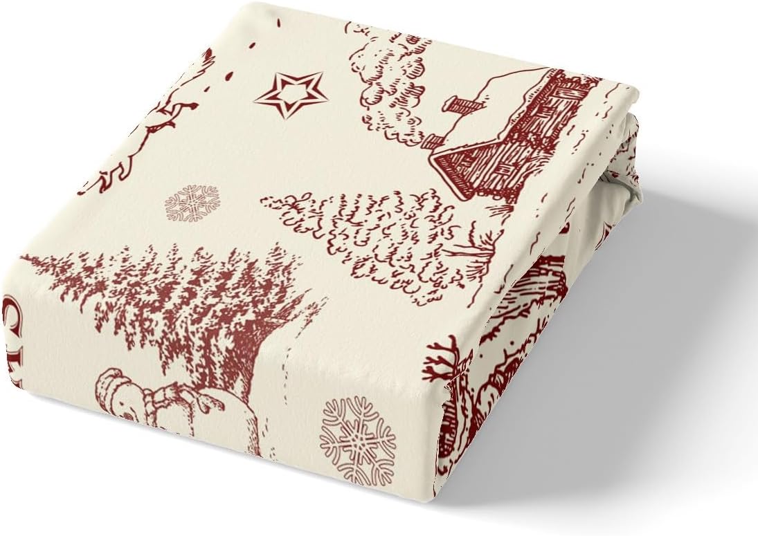 Christmas Bed Sheets Queen Size,Snowman Santa Claus Bedding Set for Kids Girls Boys Teens Room Decor,Snowflake Candy Deer Vivid Fitted Sheet Retro Sketch Red Brown Top Flat Sheet 4Pcs