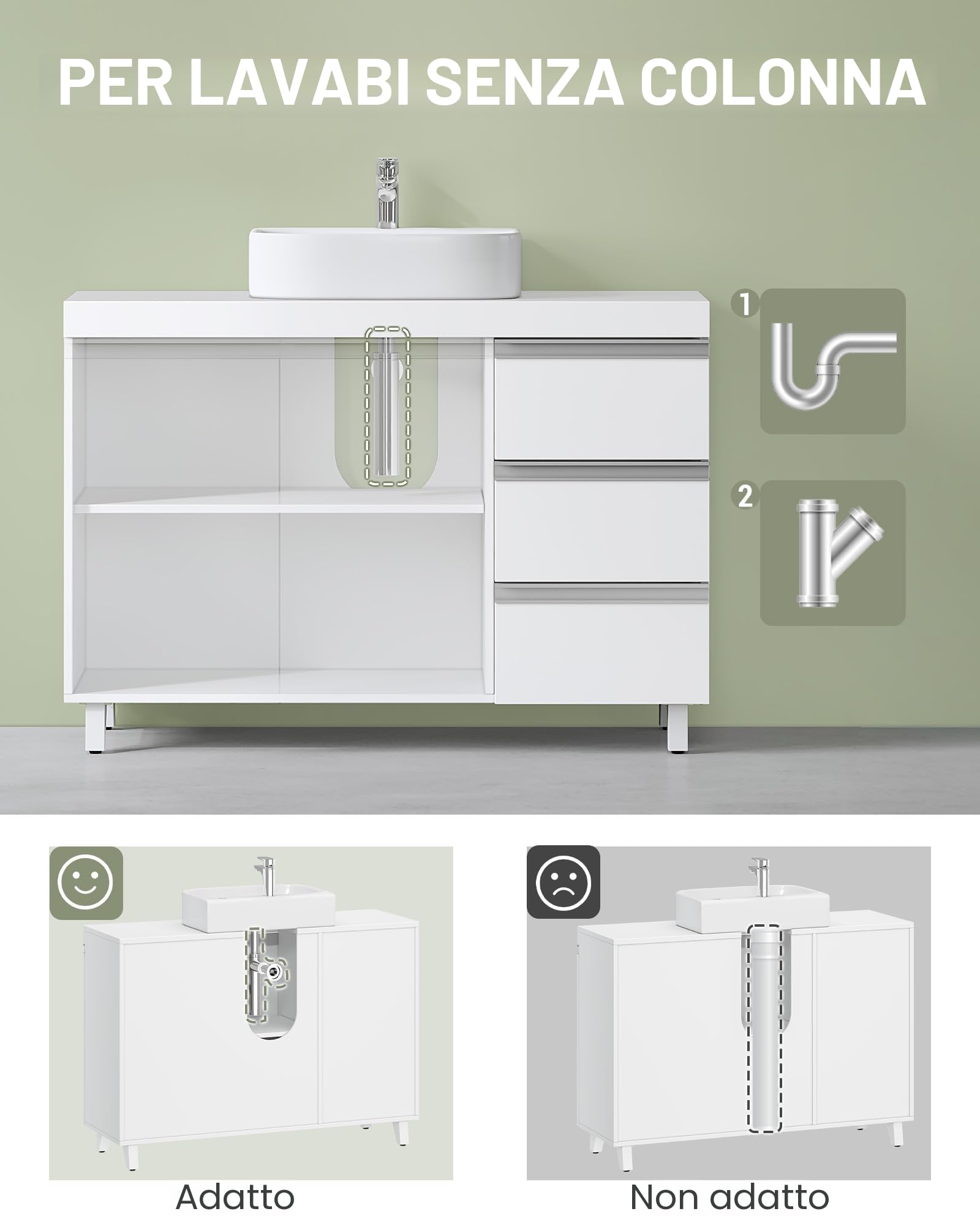 Hzuaneri Mobile Sottolavabo per Bagno, Mobiletto da Bagno, 3 Cassetti, 2 Ante, con Piedini, indipendente, moderno, 30 x 90 x 64 cm, Bianco BC29903X
