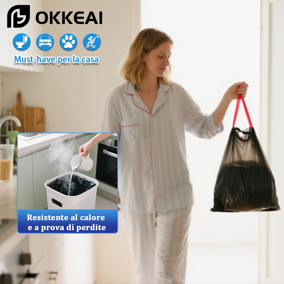 OKKEAI 60 Sacchetti Cestino con Coulisse, Buste Spazzatura 10L Neri Sacchetti Spazzatura Piccoli, Estrazione Semplice Senza Strappo, Antistrappo Anti-Perdite, Ideali per Bagno, Ufficio, Camera, Auto