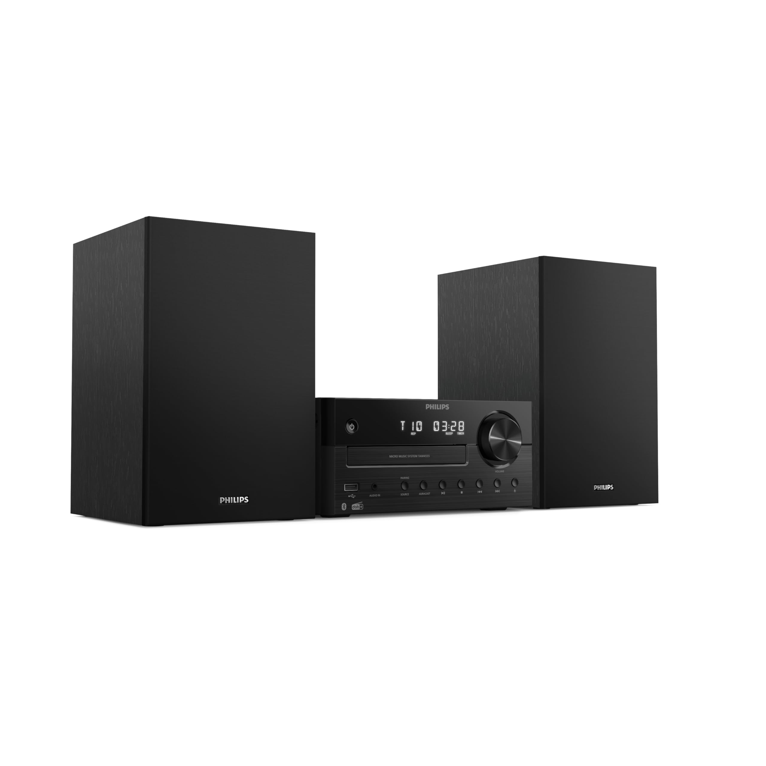 Philips TAM4555M2 Sistema Micro Hi-Fi –100W, Altavoces con Bass Reflex, DAB+/ FM, CD, USB, Entrada Audio, Bluetooth 5.4, Auracast, Control Remoto, Preconfiguraciones Sonido Digital, Embalaje Ecológico