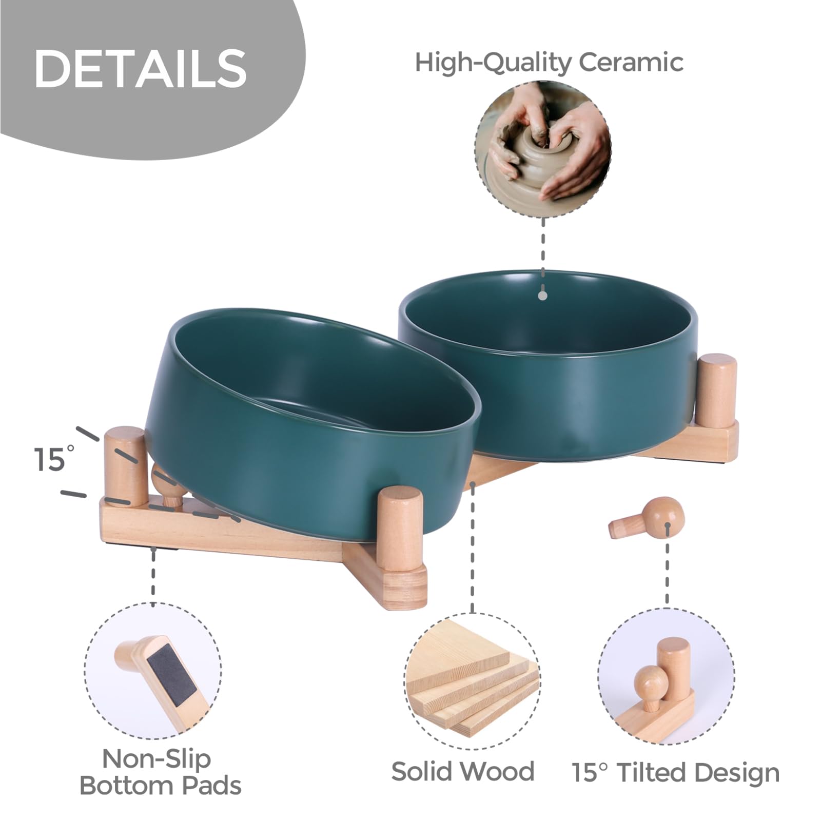 Lot de 2 gamelles en céramique pour chien et chat avec support en bois, bols lestés antidérapants pour nourriture et eau, double mangeoire surélevée pour petits chiens et chats, gamelles en vernis mat