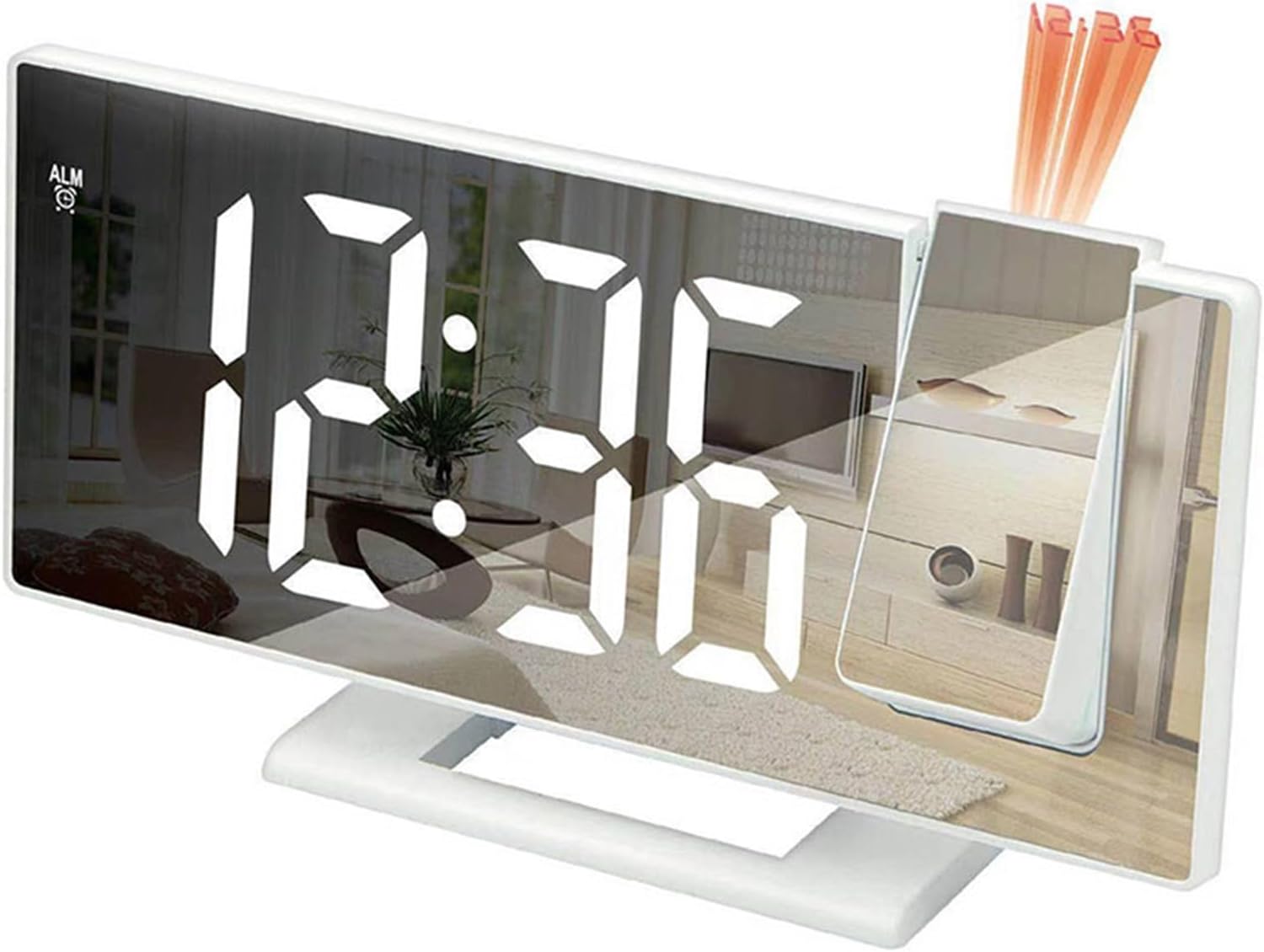 屋外用時計 温度湿度電子ミュート発光ミラー時計寝室用大画面デジタルディスプレイ投影目覚まし時計 リビングルームの壁の装飾