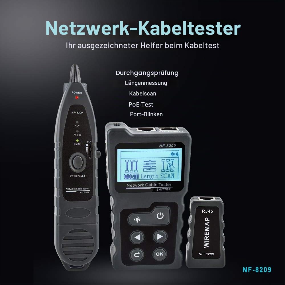 Netzwerkkabeltester NF-8209 Draht-Tracker Netzwerkwerkzeug Scan-Kabel Wiremap Tester CAT5 CAT6 Kabellängenmessung, PoE Testing, NCV Funktion