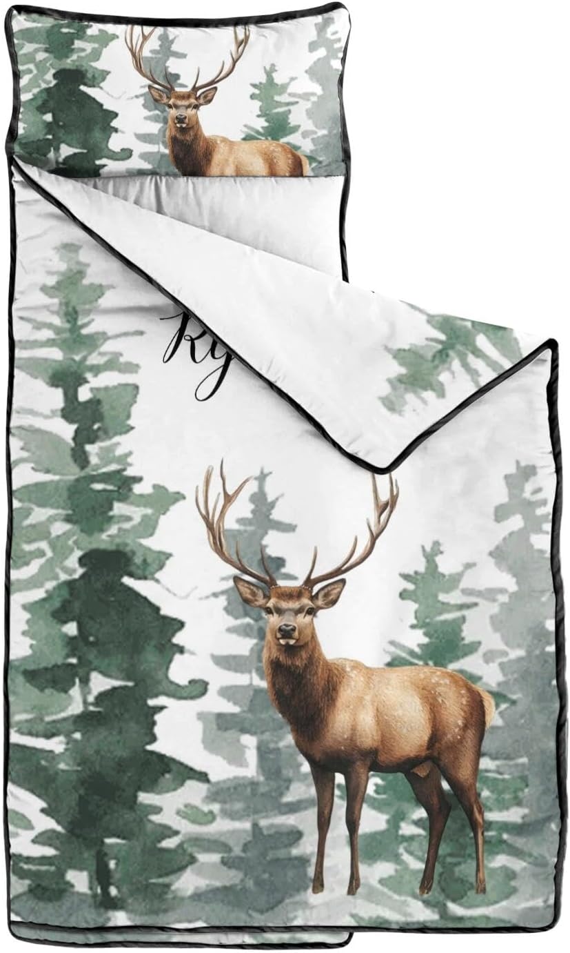 Personalized Woodland Deer Toddler Nap Mat for Boys – Custom Name Sleeping Bag with Pillow & Blanket – Soft & Portable for Daycare, Preschool & Kindergarten