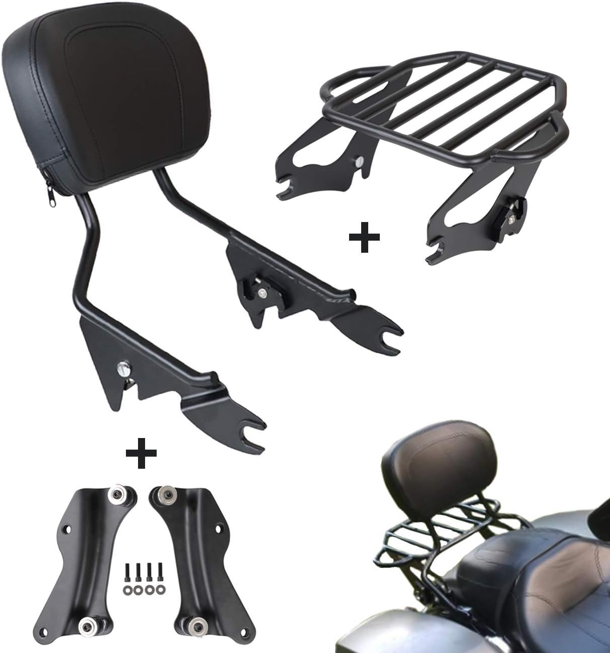 AUFER Detachable Passenger Sissy Bar Backrest with Back Rest Pad 2-Up Luggage Rack 4 Point Docking Hardware Kits Compatible with for Harley Touring Street Road Electra Glide Road King 2014-2025