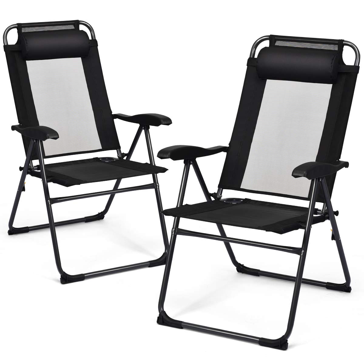 RELAX4LIFE Set of 2 Patio Folding Chairs, 7-Level Adjustable Reclining Camping Chair with Padded Headrest, Outdoor Portable High Back Deck Chairs for Garden Beach Pool (Black)
