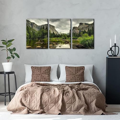 Vista 91 de 3 piezas de pintura verde para pared, parque nacional de Yosemite, agua clara, lago, montañas, árboles, rocas, impresiones sobre lienzo, decoración
