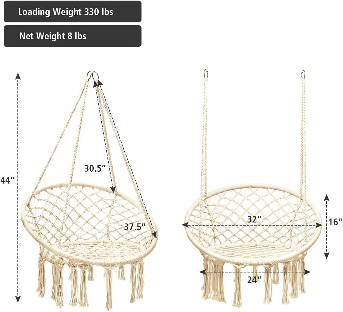 LDAILY Hammock Chair, Outdoor Macrame Swing Chair w/Backrest & Metal Hoops, Cotton Rope Handwoven Hanging Chair for Bedroom, Balcony, Backyard & Garden, 330LBS Capacity (Beige)