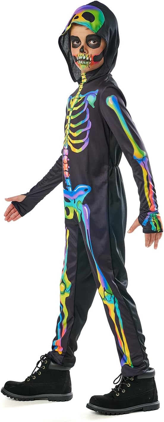 Seasons Rainbow Skeleton Costume with Hood for Boys, Black-Light Responsive, Halloween Cosplay Costume