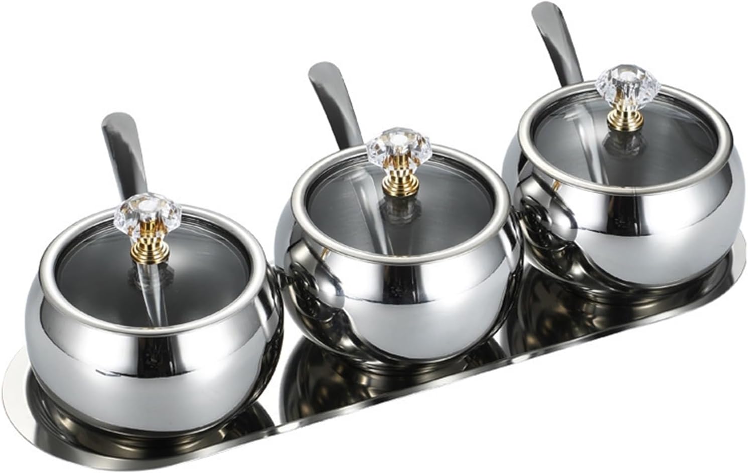 3-Pack Stainless Steel Thickened Transparent Condiment Box with Spoon and Stainless Steel Base Container for Coffee Bar Countertop Kitchen Home Use