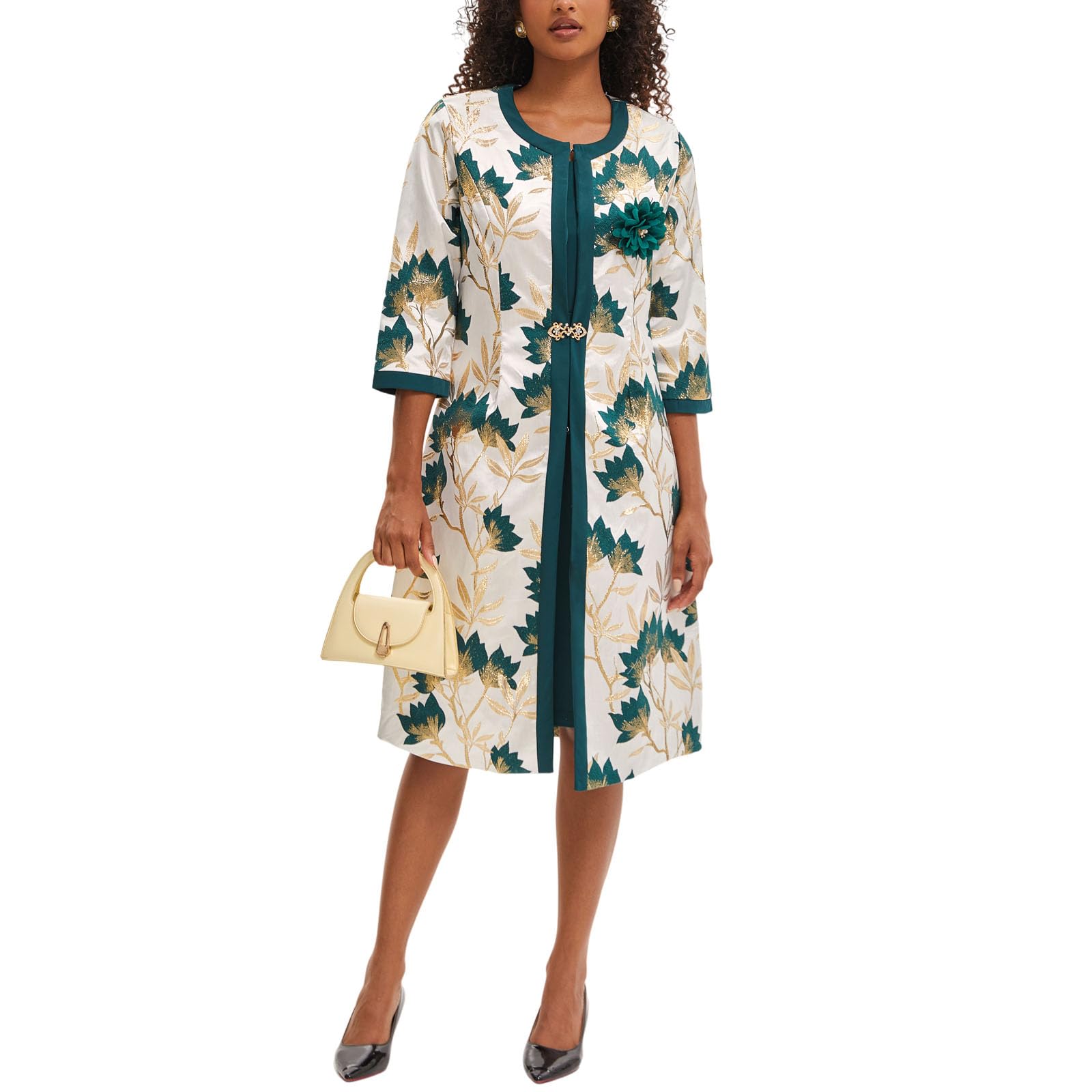 Womens Elegant 2 Piece Dress Church Suits with Exquisite Jacquard Embroidery Long Jacket for Wedding Party Evening Dress