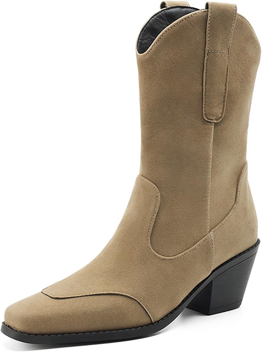 Womens Suede Cowboy Boots Fashion Square Toe Mid-Calf Western Boots Stable Chunky Heel Cowgirl Booties Dressy Pull On Wide Calf Fashion